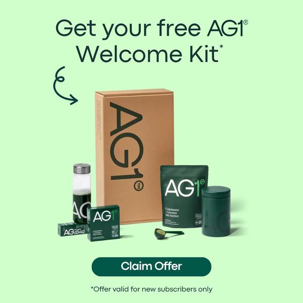 A clean, minimalist product arrangement showcasing a complete nutrition system and welcome kit with a clear CTA.